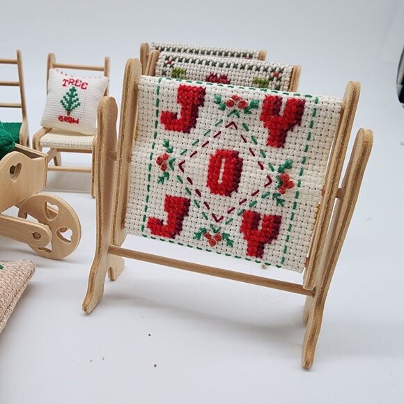 Miniature Christmas Decor Wooden Stands Needlepoint Chairs Pillows Doll House - Picture 2 of 10